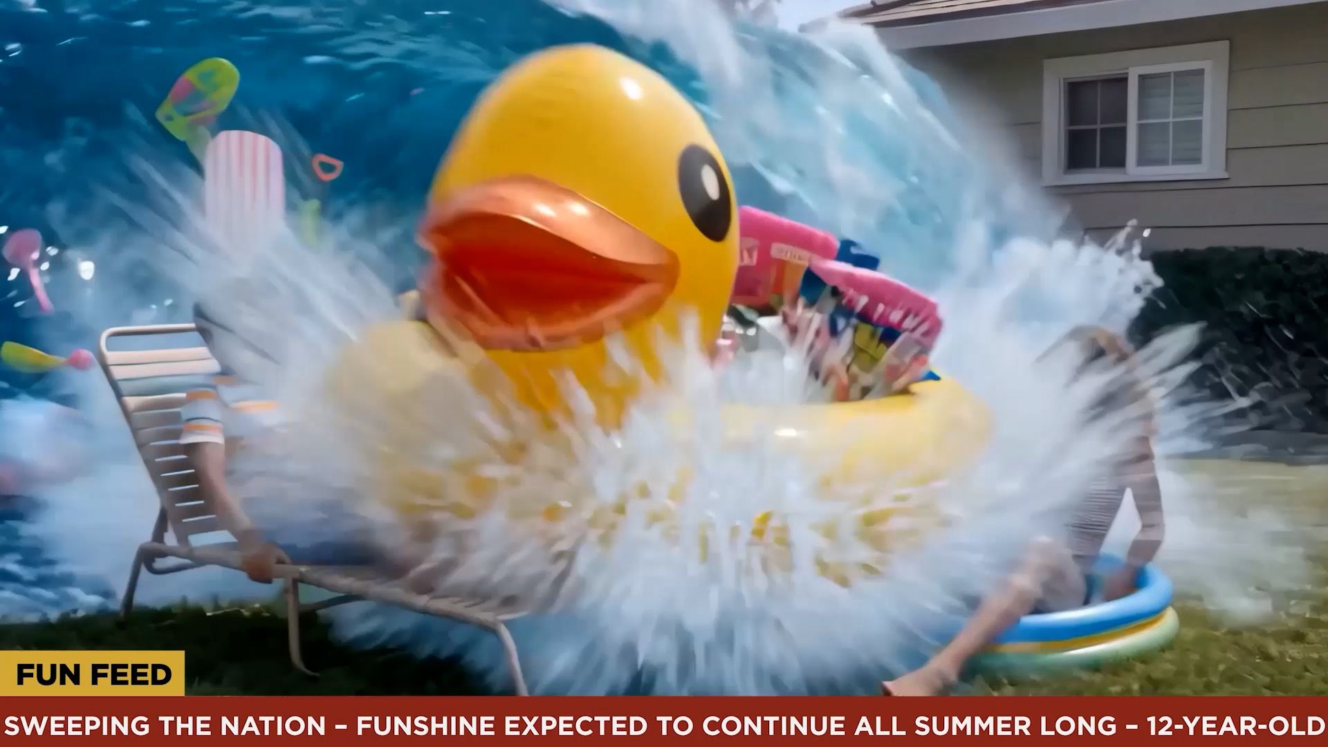A giant inflatable duck crashing through a backyard on a wave
