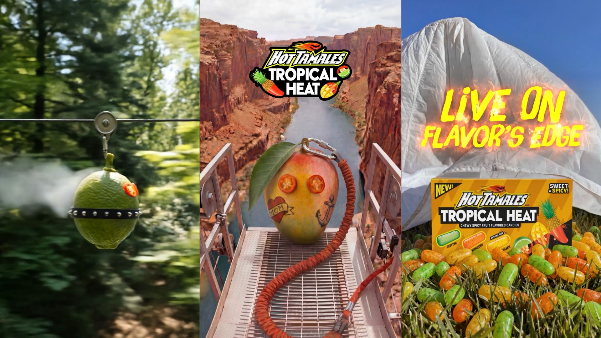 Hot Tamales Tropical Heat: a lime on a zipline, a mango on a bungee platform and the candy box