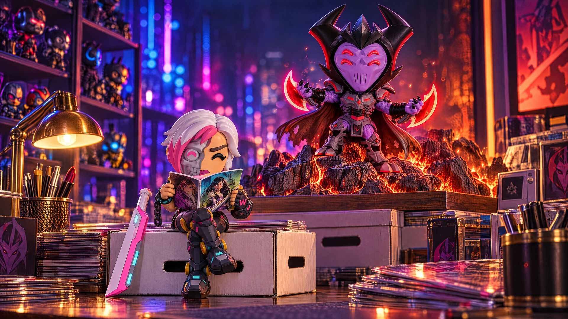 NiFe Wars collectible figures: a horned villain over lava and a half-robot hero reading a comic
