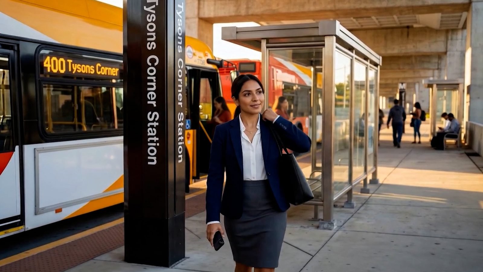 A commuter walking past buses at Tysons Corner station