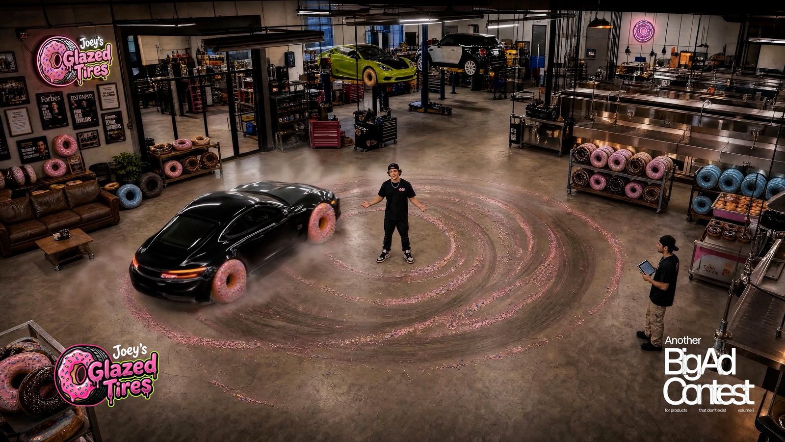 A sports car with donut tires drifting in a garage