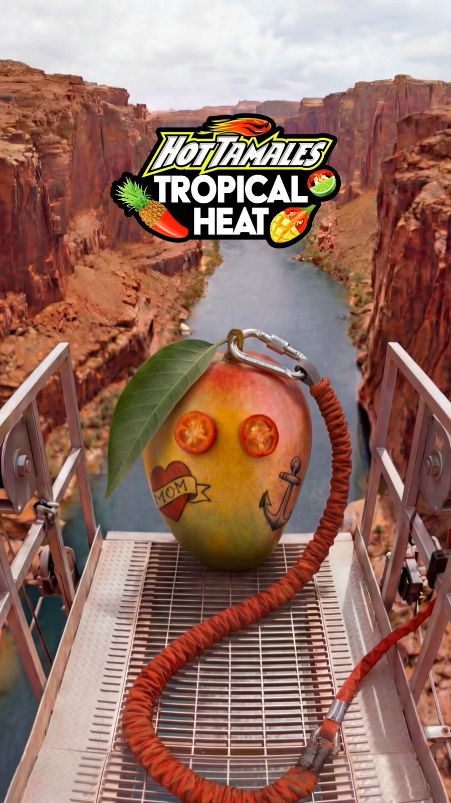 A tattooed mango strapped into a bungee cord above a canyon