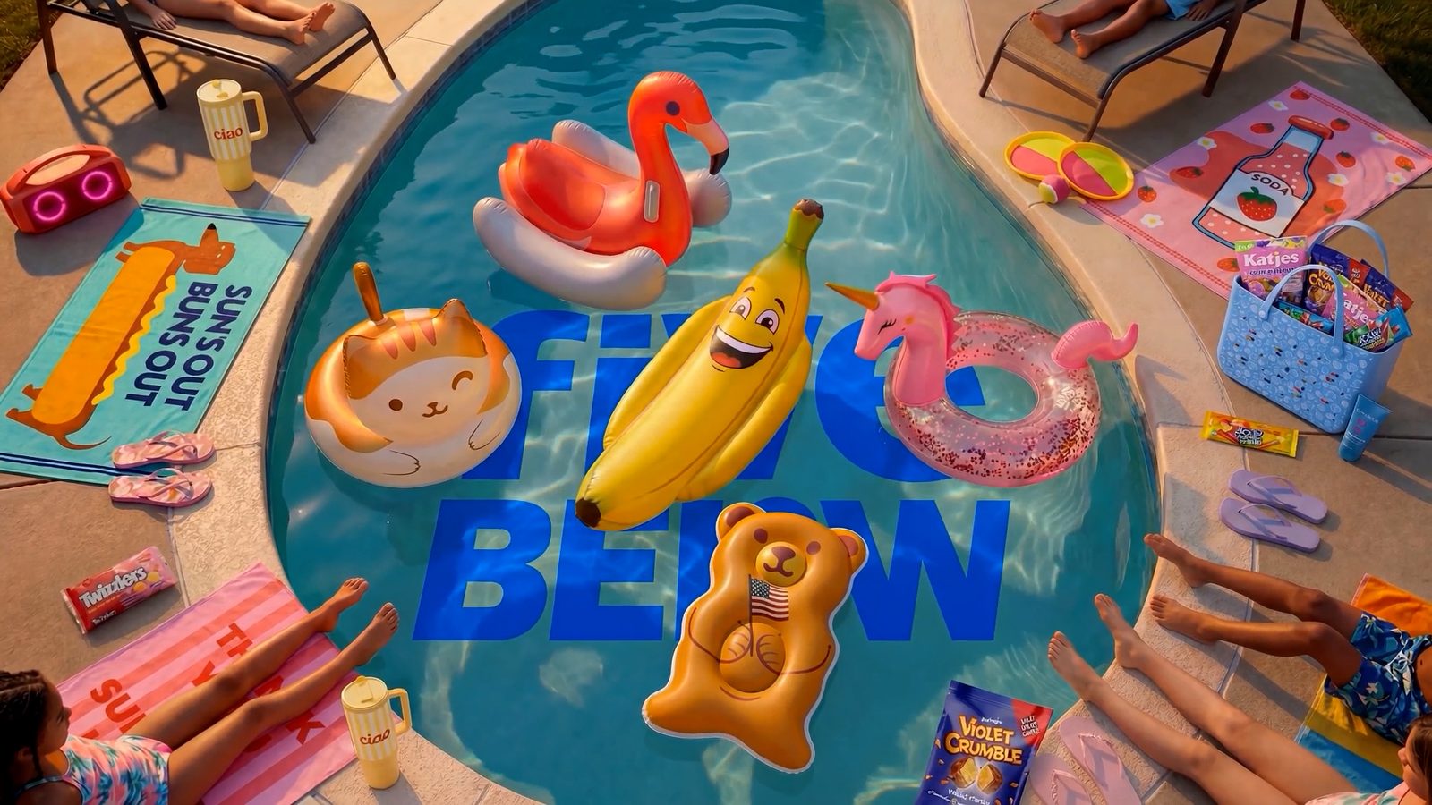 Overhead view of a pool full of novelty inflatables