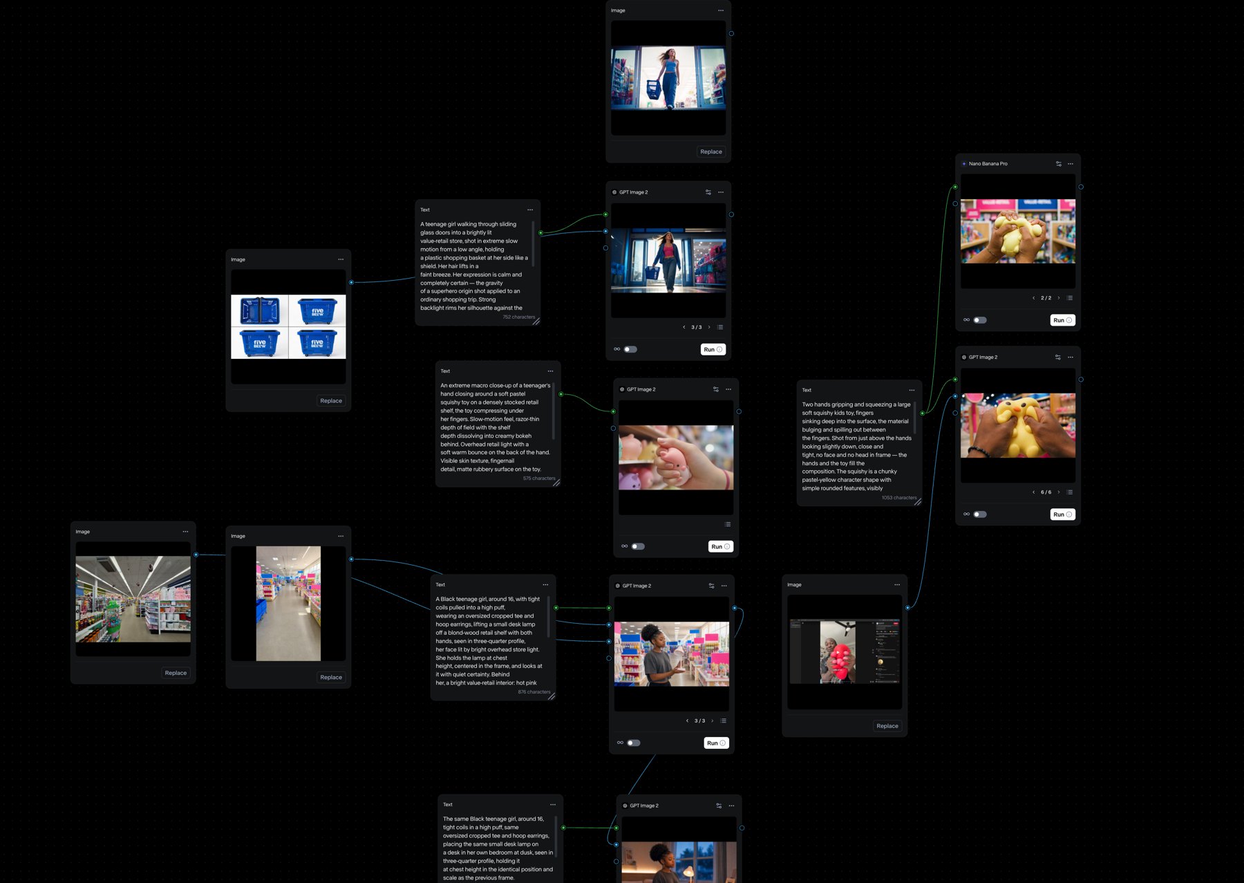 Node-based AI workflow linking reference images and prompts to generated frames